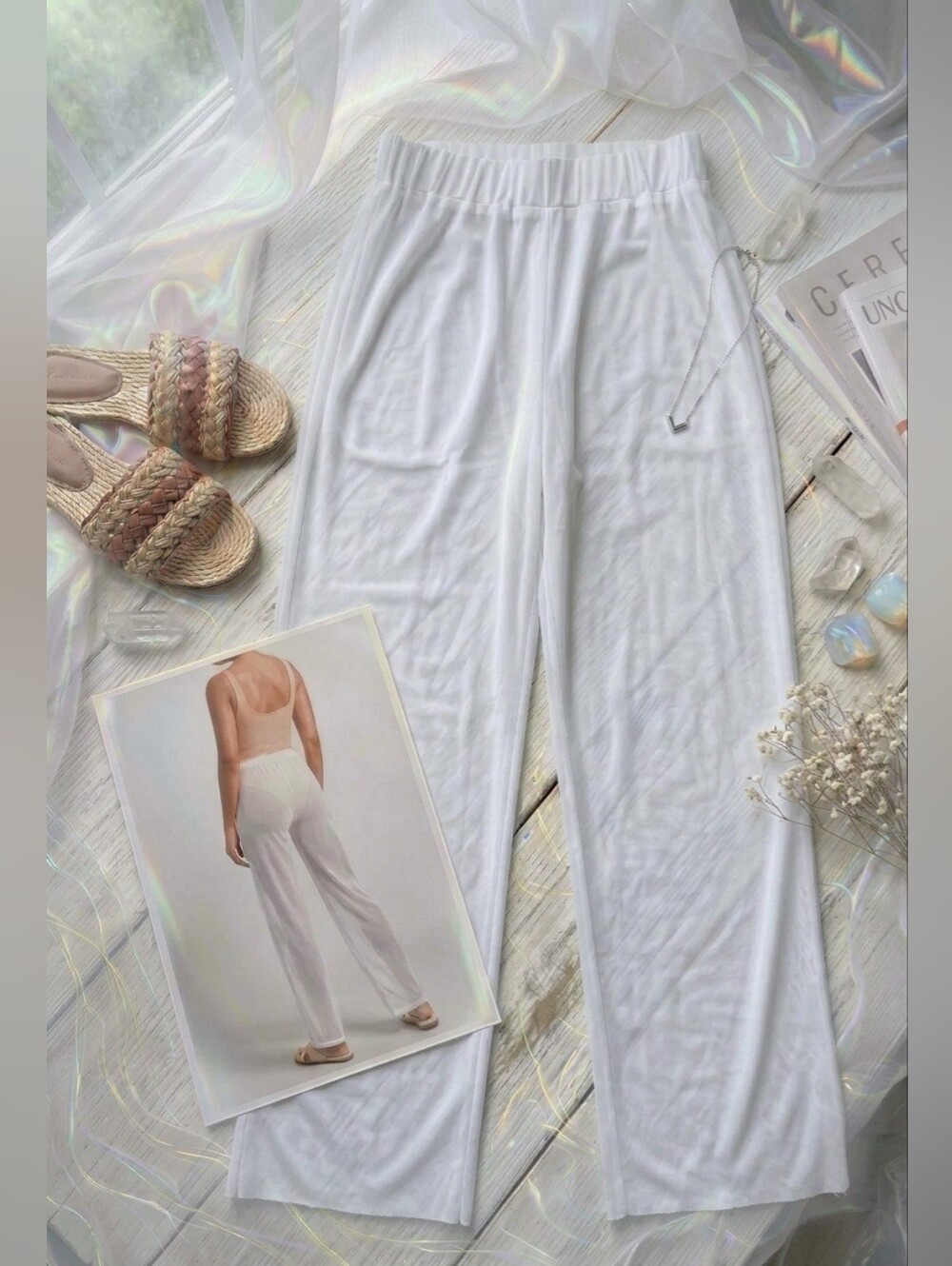 ✨ Ethereal Sheer Flowy White Wide Leg Pants ✨- Size L (Excellent Condition)